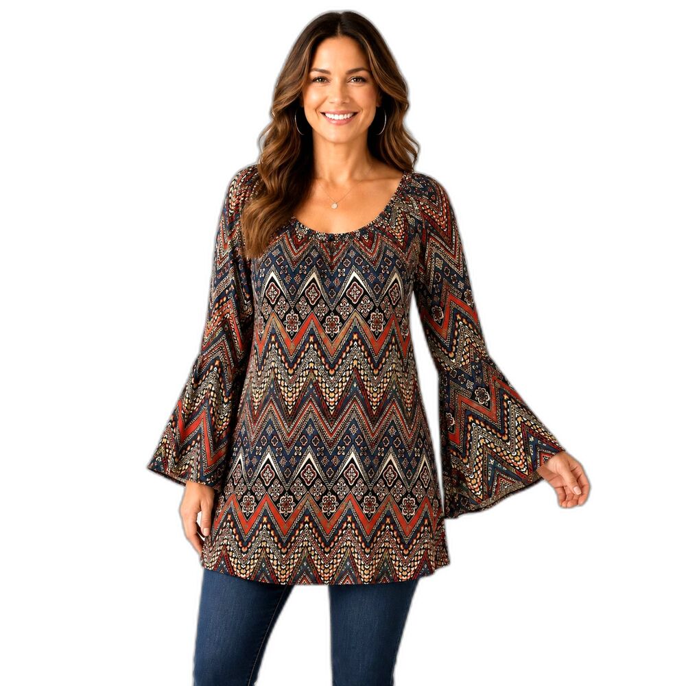 Win-Win Bell Sleeve Off  Shoulder Chevron Print Multi Colored Tunic Blouse L/XL
